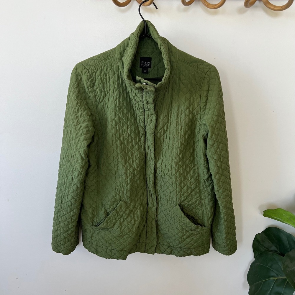 Eileen Fisher Petite Green 100% Silk Quilted Jacket Funnel Neck Size PM Olive